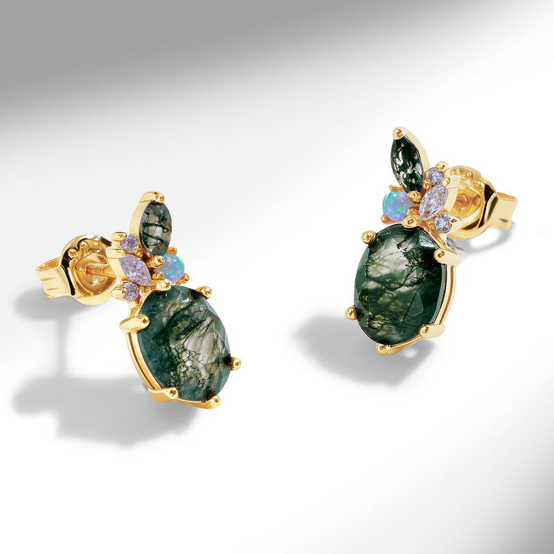 Oval Moss Agate Stud Earrings, Dainty Opal Cluster Jewelry, Botanical Ear Climbers, Forestcore Aesthetic Gift, Unique Bridesmaid Gift