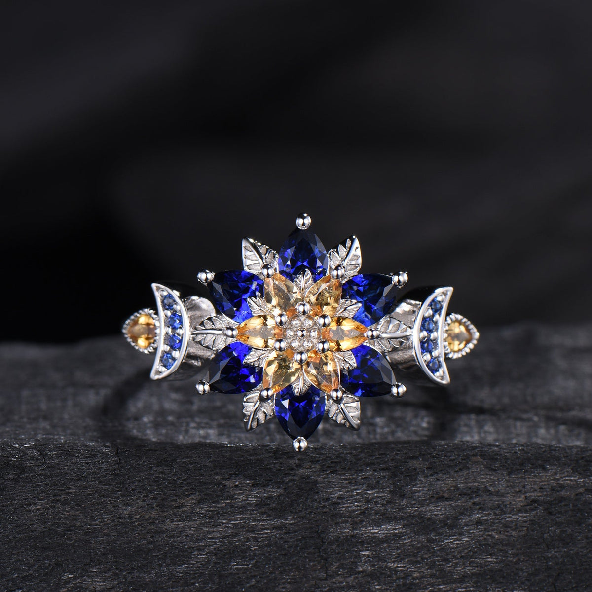 Celestial Sun and Moon Engagement Ring | Sapphire & Citrine Floral Mandala