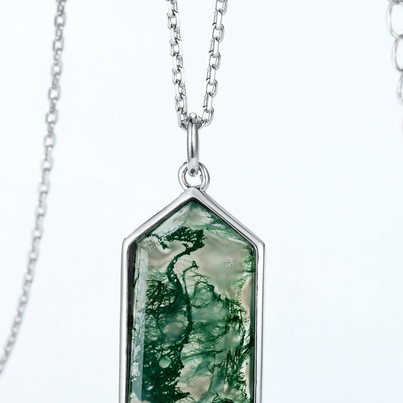 Unique Natural Green Moss Stone Hexagon Pendant Necklace