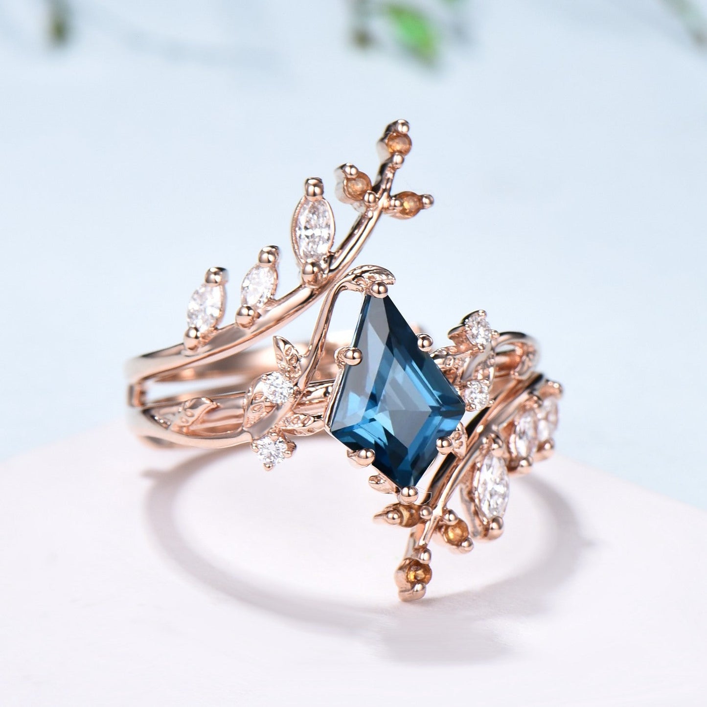 Unique gothic kite cut London blue topaz engagement ring set cluster diamond engagement ring leaf vine nature inspired citrine wedding set