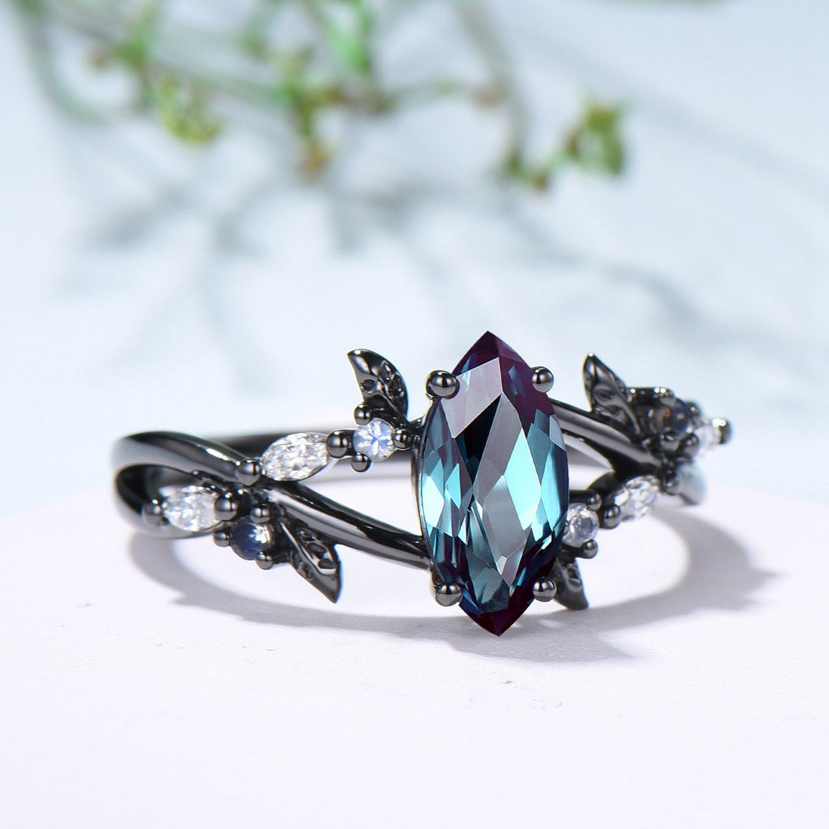 Marquise Cut Alexandrite Engagement Ring Gothic Black Gold Moonstone Cluster Leaves Ring