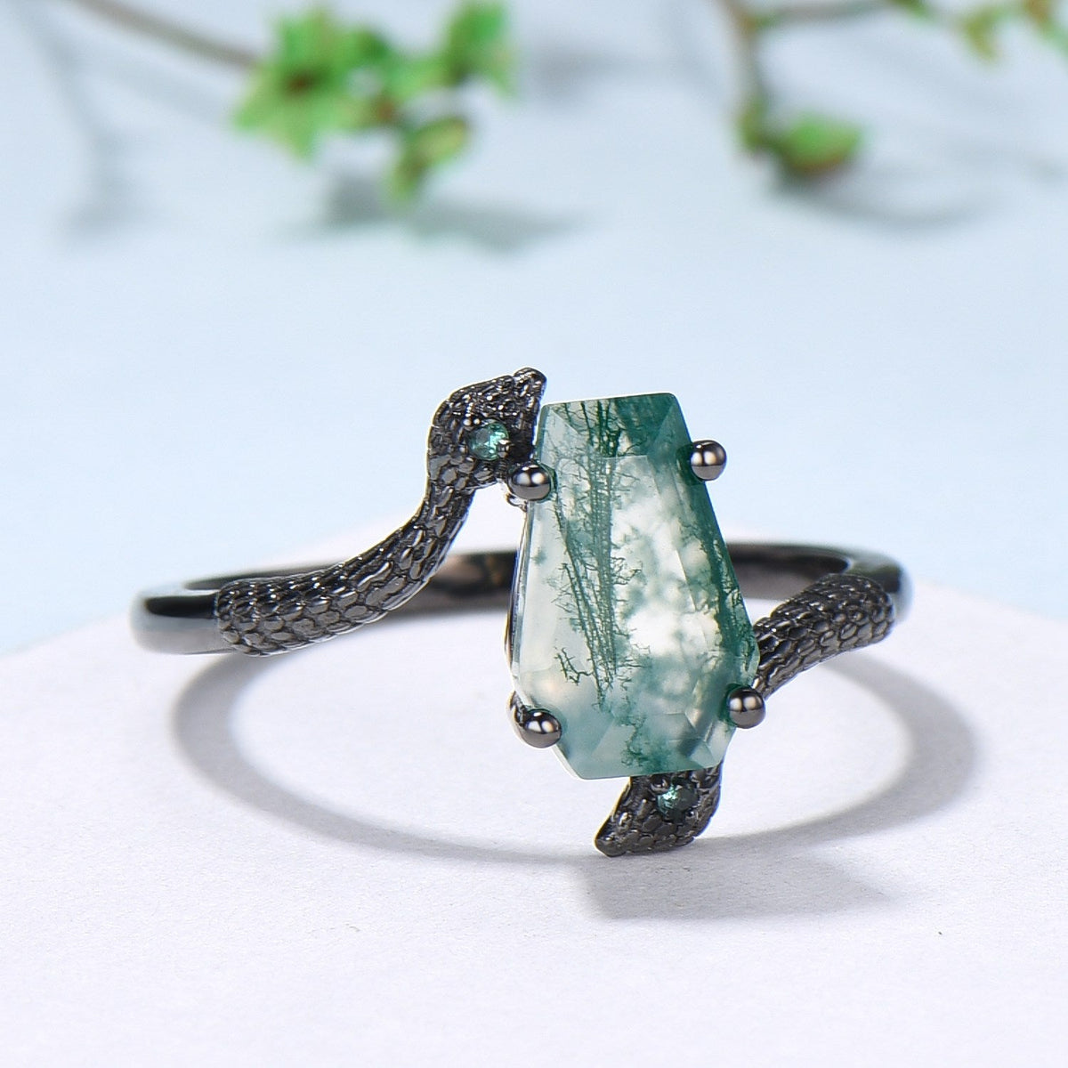 Unique Snake green moss agate engagement ring cold-blooded coffin shaped green stone three stone wedding ring women anniversary promise gift