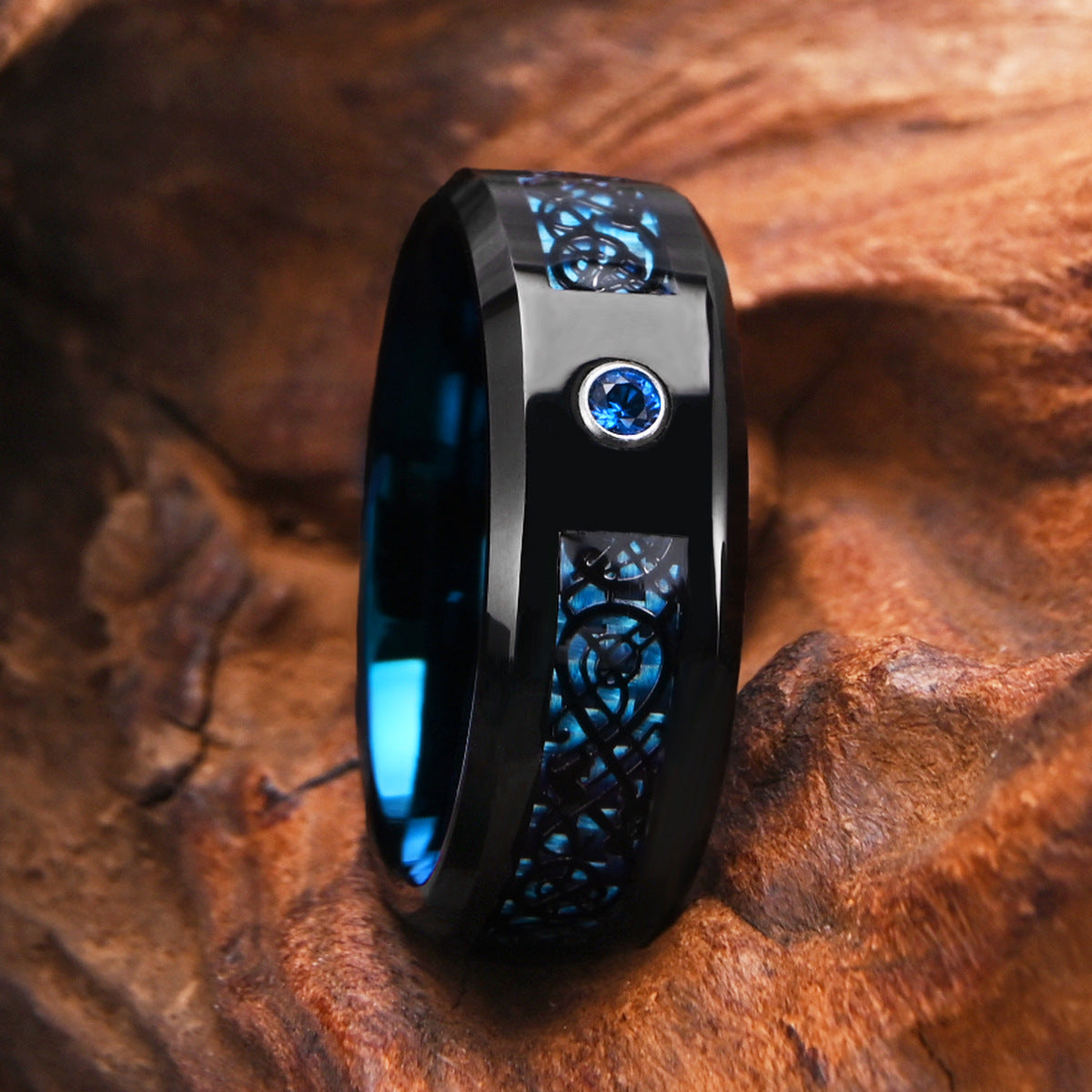 8mm tungsten men's wedding band Tungsten steel two-tone ring with blue fiber black dragon slice and blue zircon