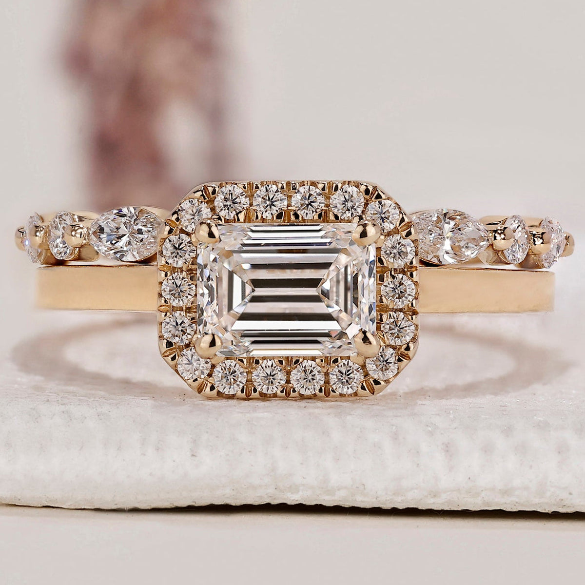 Emerald Ring with Wedding Band Yellow Gold Bridal Set