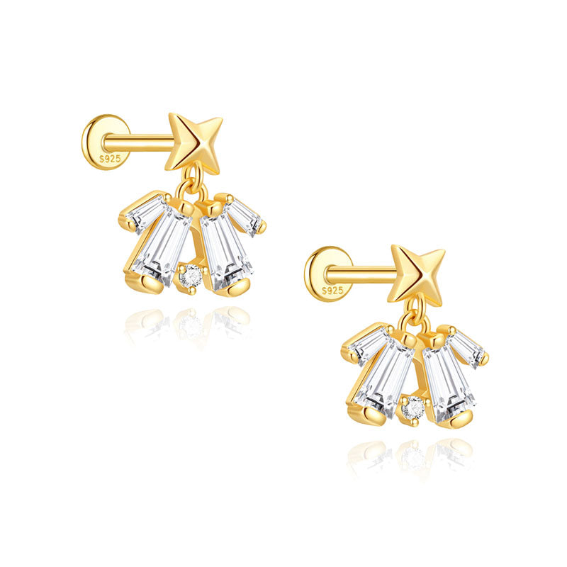 S925 Sterling Silver Gold Plated Star Top with Baguette CZ Fringe Dangle Flat Back Cartilage Earring