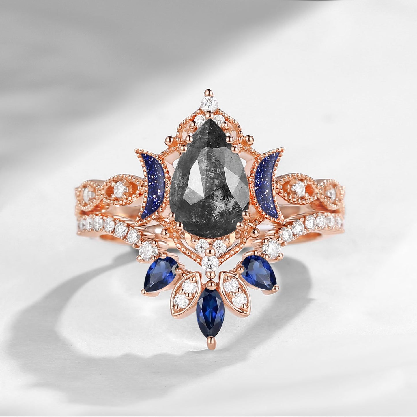 Crescent Moon | Blue Moon Inspired Pear Salt & Pepper Diamond 'Ultra Galaxy' Engagement Ring Set 2pcs