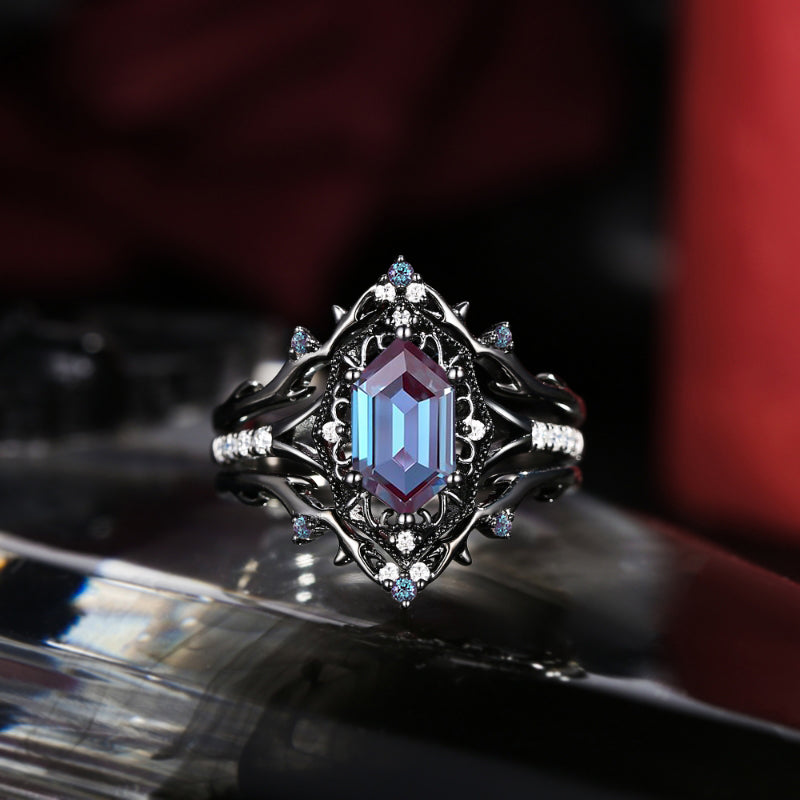 Gothic Inspired Hexagon Cut Lab Alexandrite Vampire Shield Engagement Ring Set 3pcs