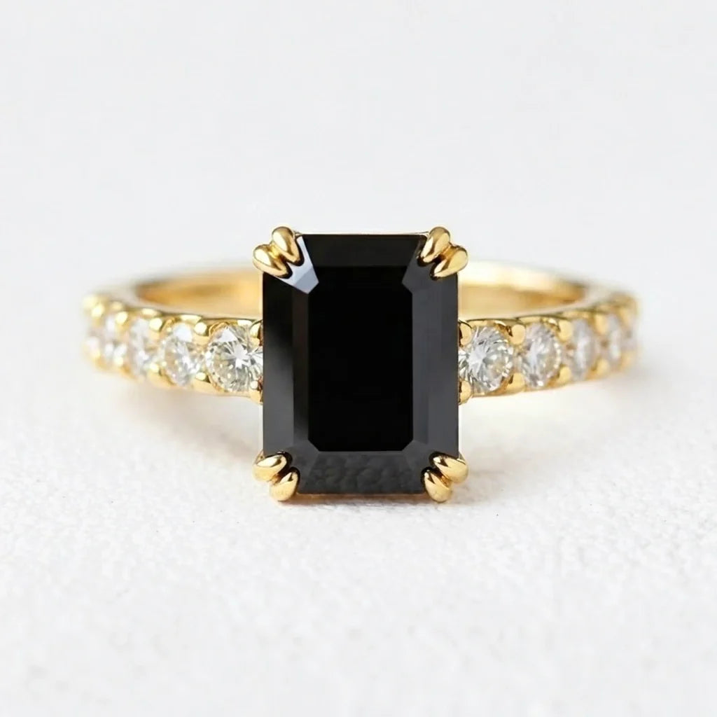 Selene’s Shadow | 3CT Emerald Cut Onyx Engagement Ring