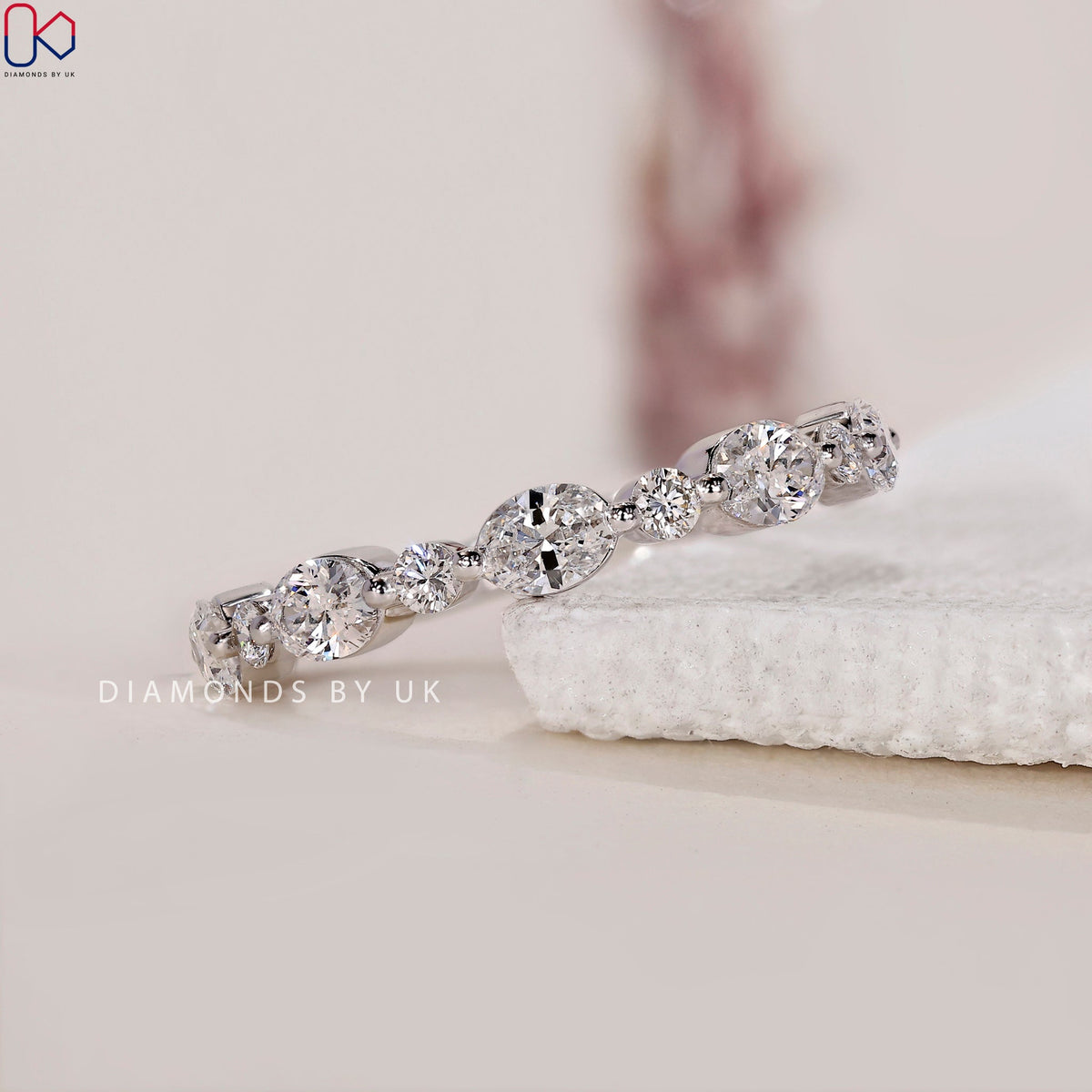 Oval and Round Diamond Wedding Band – Half Eternity Style