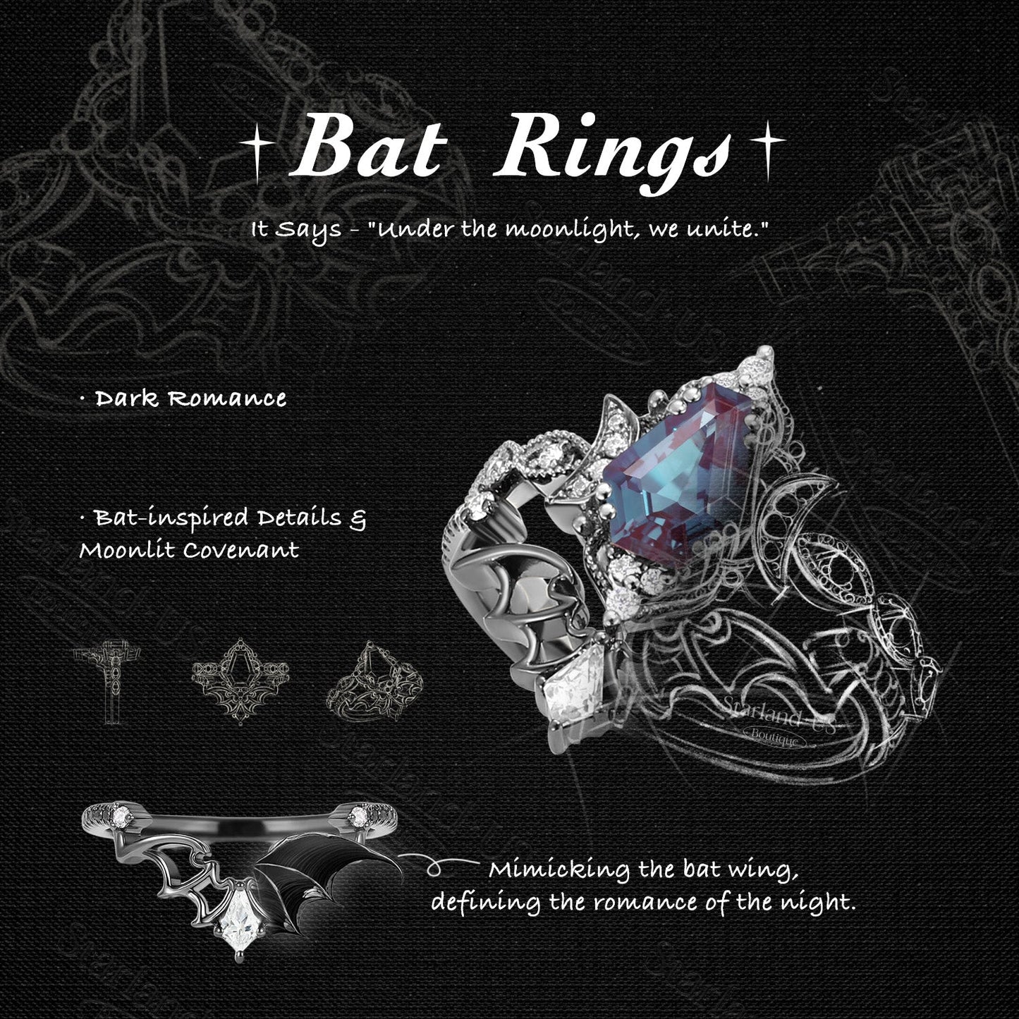 Crescent Moon | Vintage Inspired Coffin Cut Garnet Black Gold Engagement Ring Set 2pcs