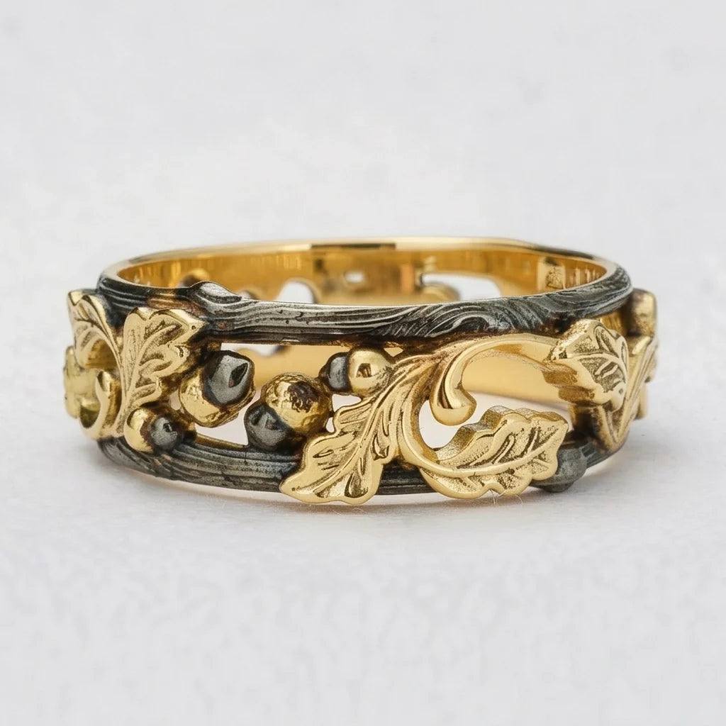 The Dark Grove | An Openwork Wide Band of Oak & Acorn