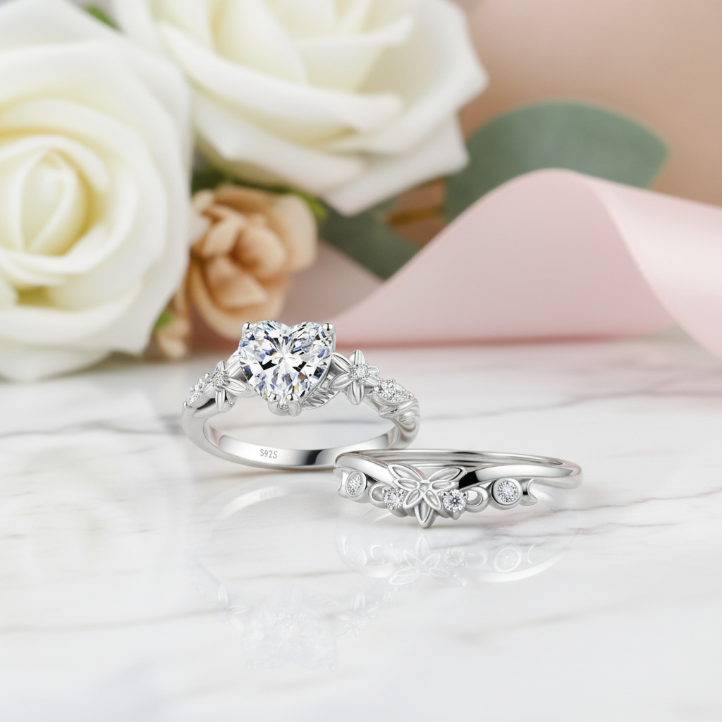 Heart Shaped Moss Agate Engagement Ring Set