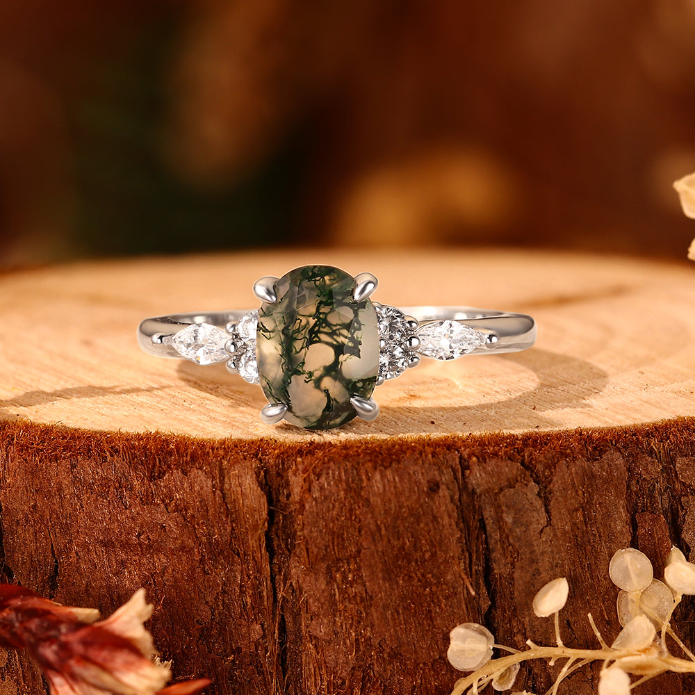 Vintage 6*8mm Oval Moss Agate Engagement Ring with Marquise Cluster Side Stones