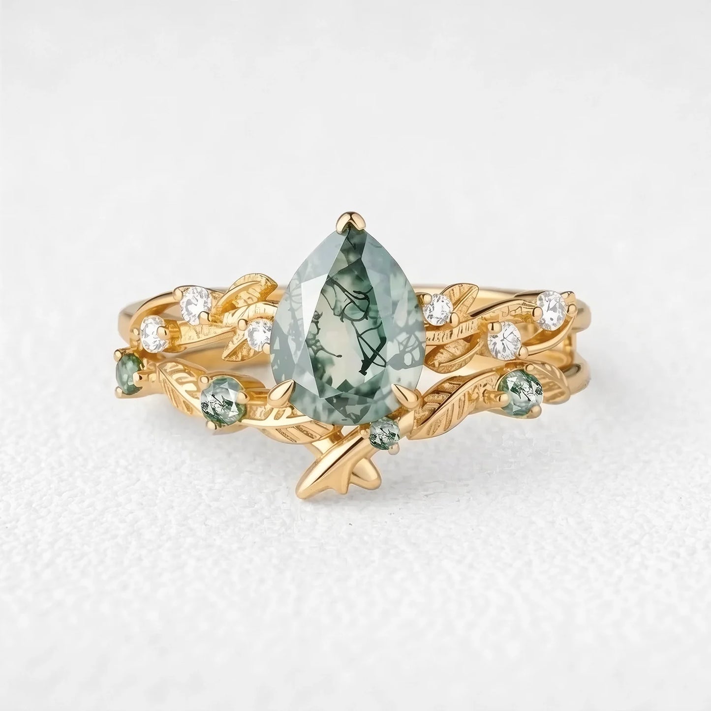 Clarissa’s Frond | Pear Cut Moss Agate Leafy Bridal Set 2pcs