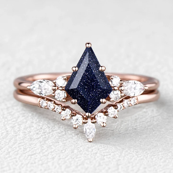 Stella’s Spark | Kite Cut Blue Sandstone & Marquise Moissanite Bridal Set 2pcs