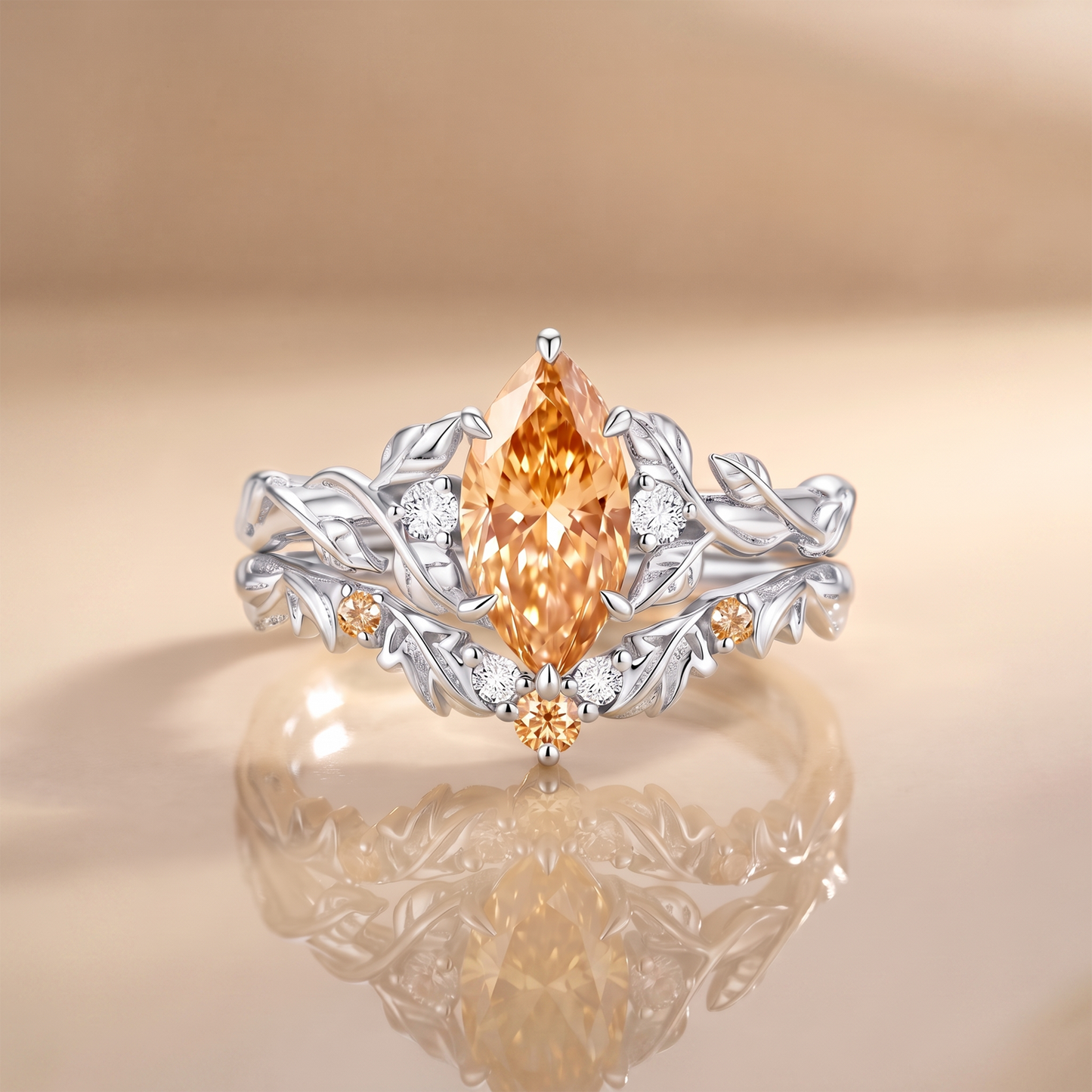 Luminous Reverie - Marquise Champagne Moissanite Leaf Dainty Engagement Ring Sets 2pcs - Linnea