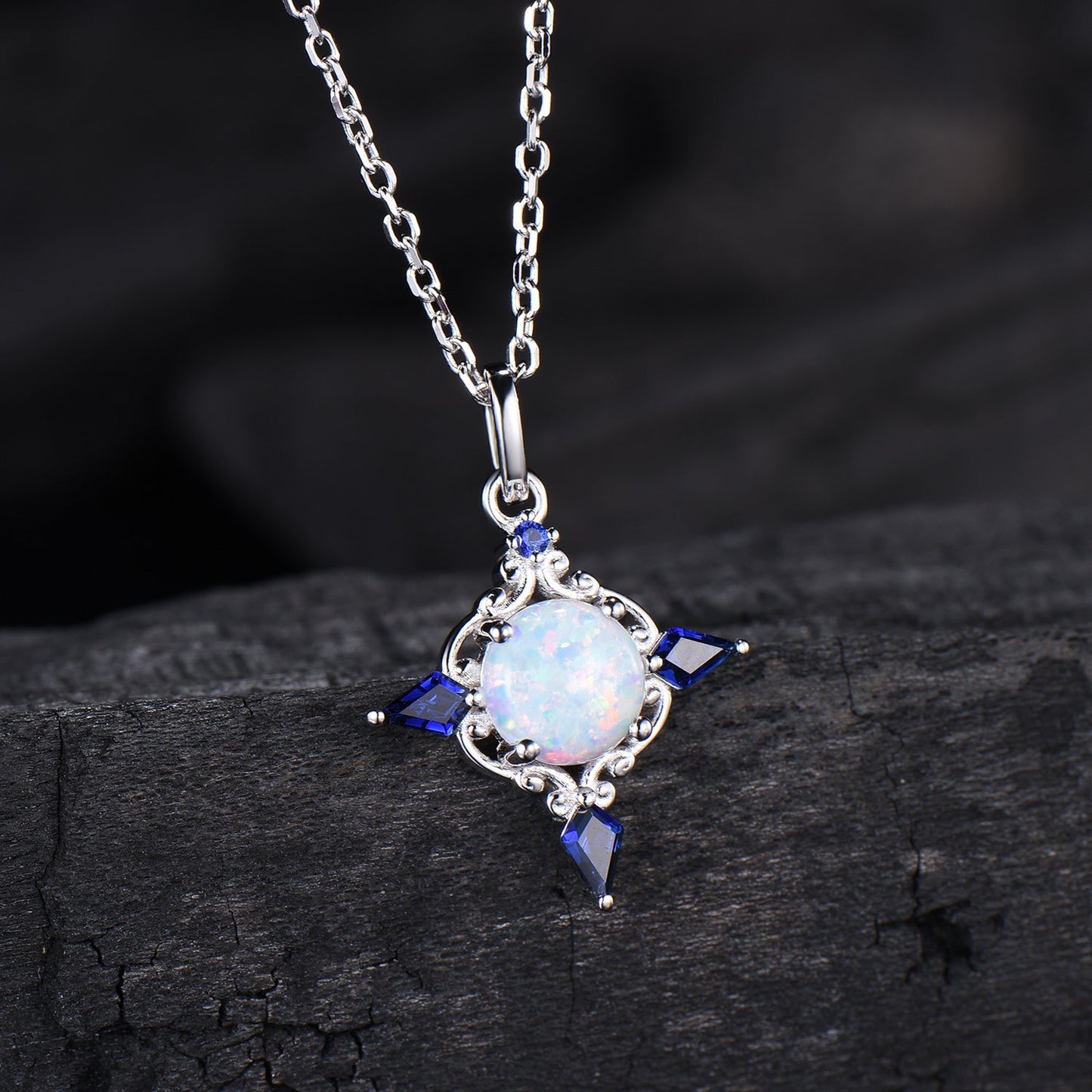 Celtic Knot Opal Pendant Necklace, 14K Rose Gold, Sapphire Accents