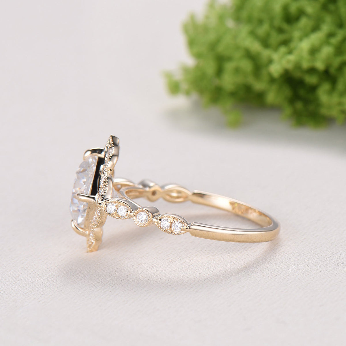 Art Deco Cushion Cut Moissanite Engagement Ring, 14K Yellow Gold Milgrain Marqusie Diamond Band