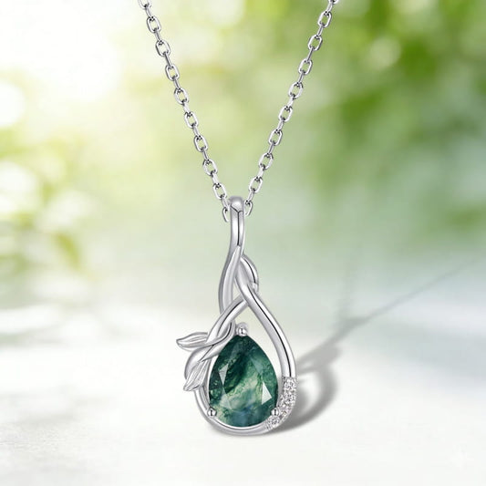 Forest Whisper Moss Agate Teardrop Necklace Leaf & Vine Branch Pendant