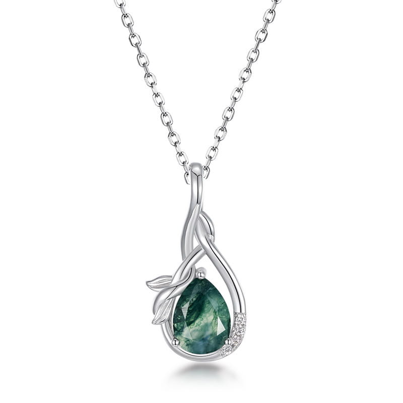 Forest Whisper Moss Agate Teardrop Necklace Leaf & Vine Branch Pendant