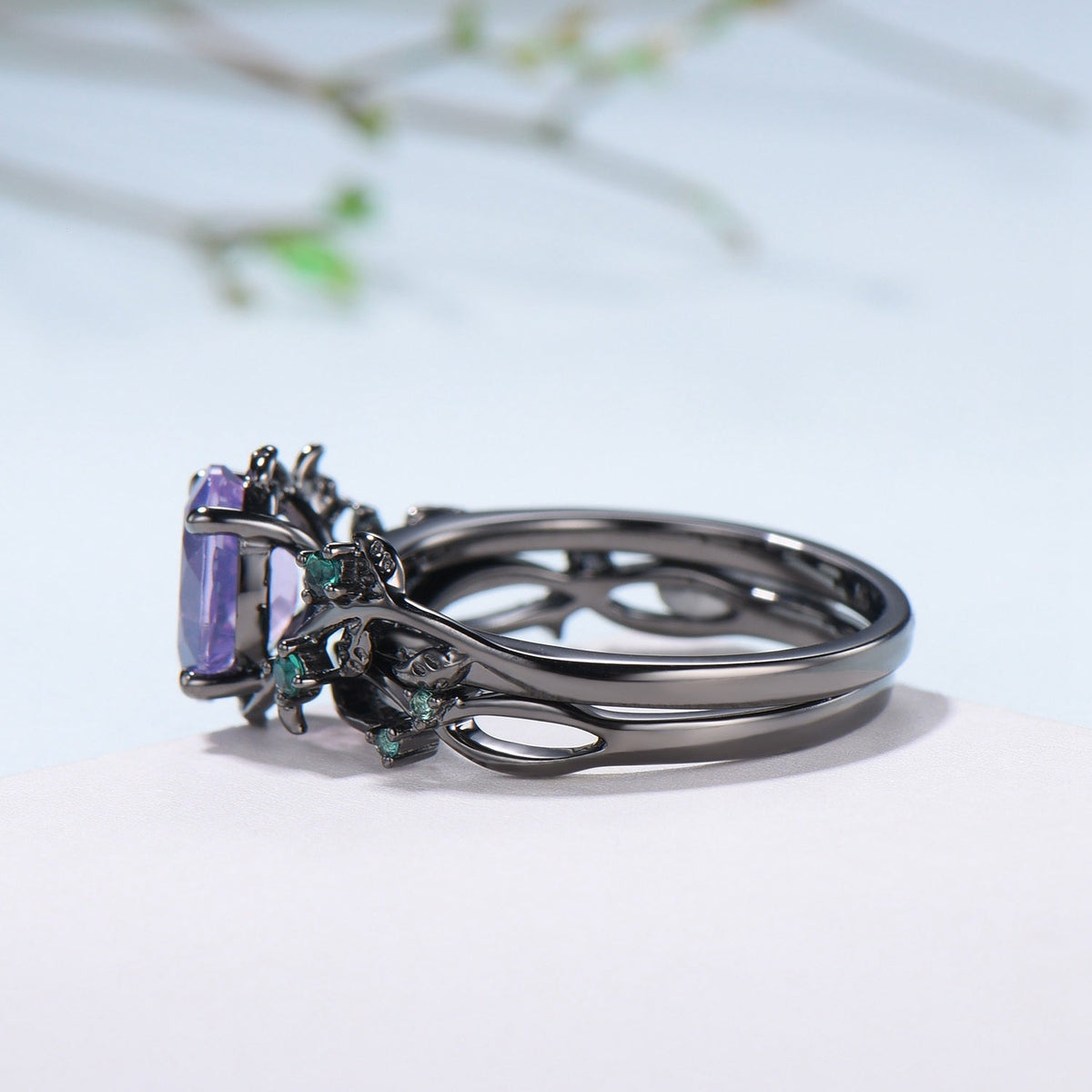 Gothic Oval Lavender Amethyst & Emerald Engagement Ring in Black Gold - Nature Inspired Elvish Vine Band