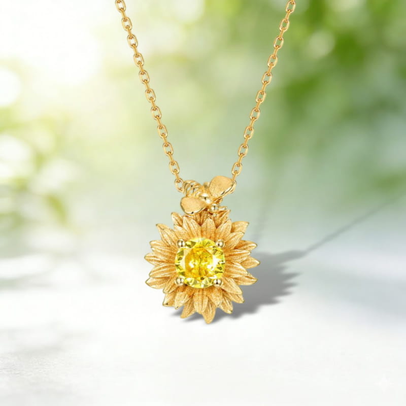 Yellow Gold Plated Sunflower & Bee Pendant Necklace with 5mm Natural Citrine