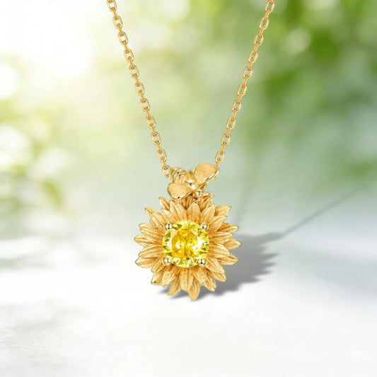 Yellow Gold Plated Sunflower & Bee Pendant Necklace with 5mm Natural Citrine
