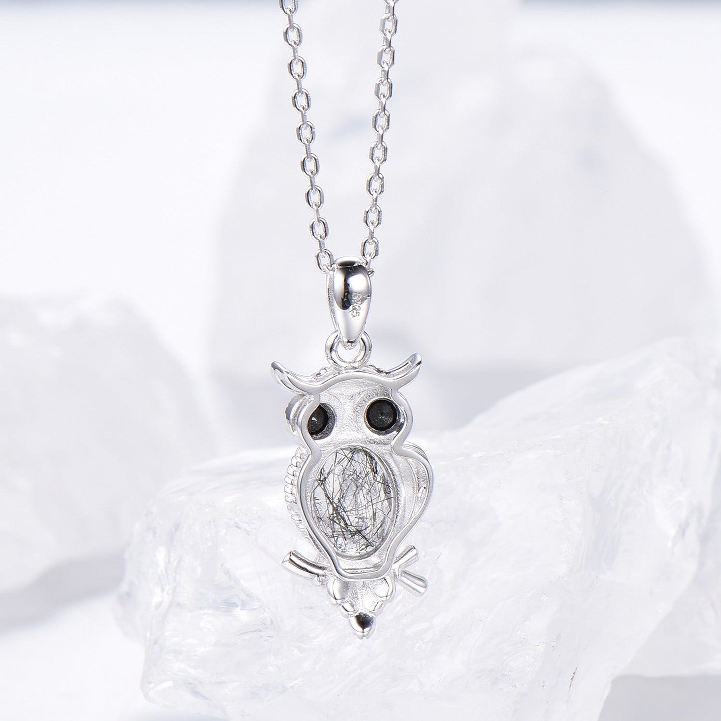 Personalized Owl Pendant Necklace Unique Black Rutilated Quartz Necklace Silver rose gold Pendant Night Cute Owl Animal Inspired Necklace
