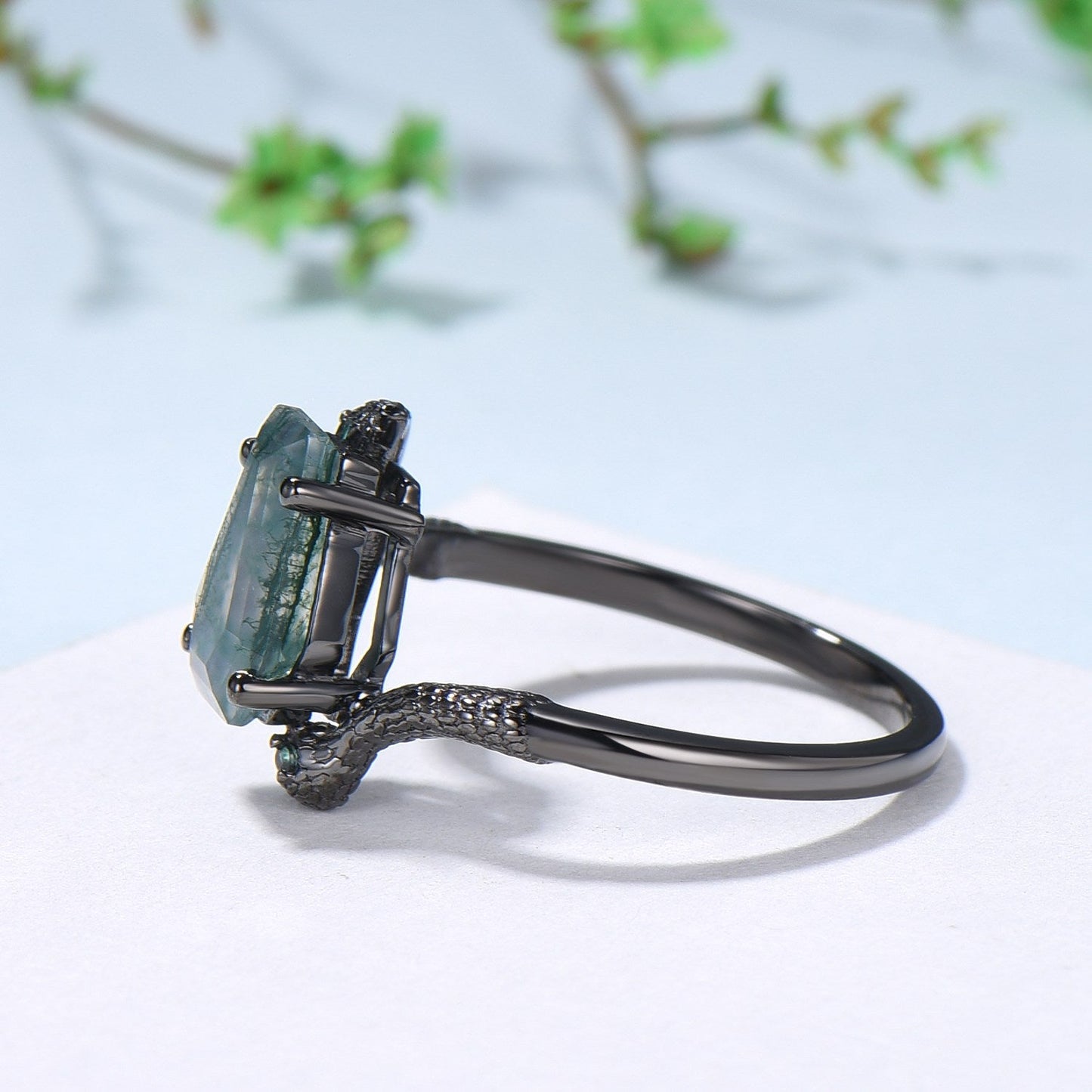 Unique Snake green moss agate engagement ring cold-blooded coffin shaped green stone three stone wedding ring women anniversary promise gift