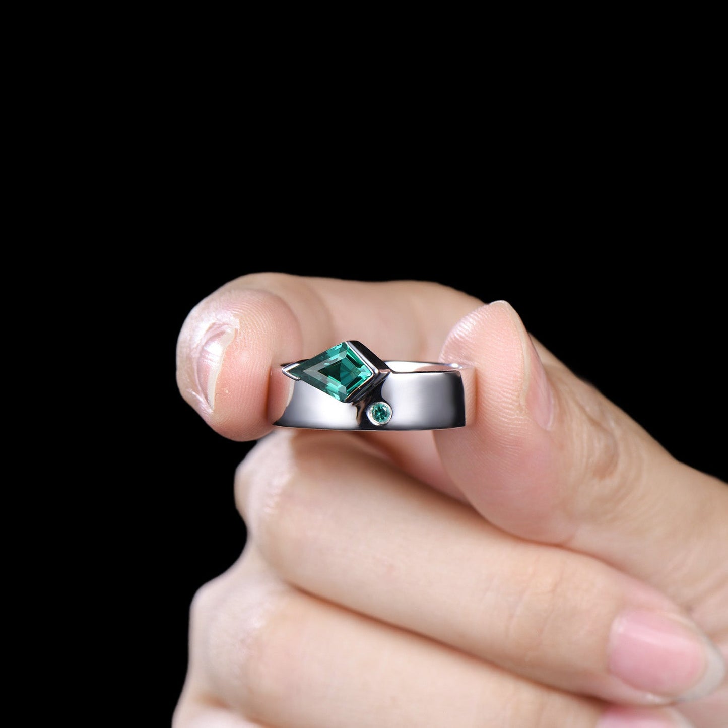 One Of a Kind Emerald Wedding Band For Men Unique Kite Cut Emerald Men's Wedding Ring 6mm Stacking Anniversary Matching Band Christmas Gift