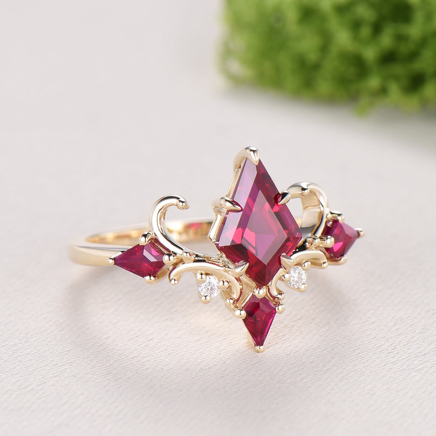 Unique Kite Cut Ruby Engagement Ring Rose Gold Four Max