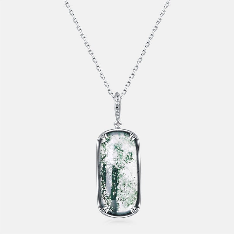 Hand Polished Rectangular Cut Moss Agate Pendant Necklace