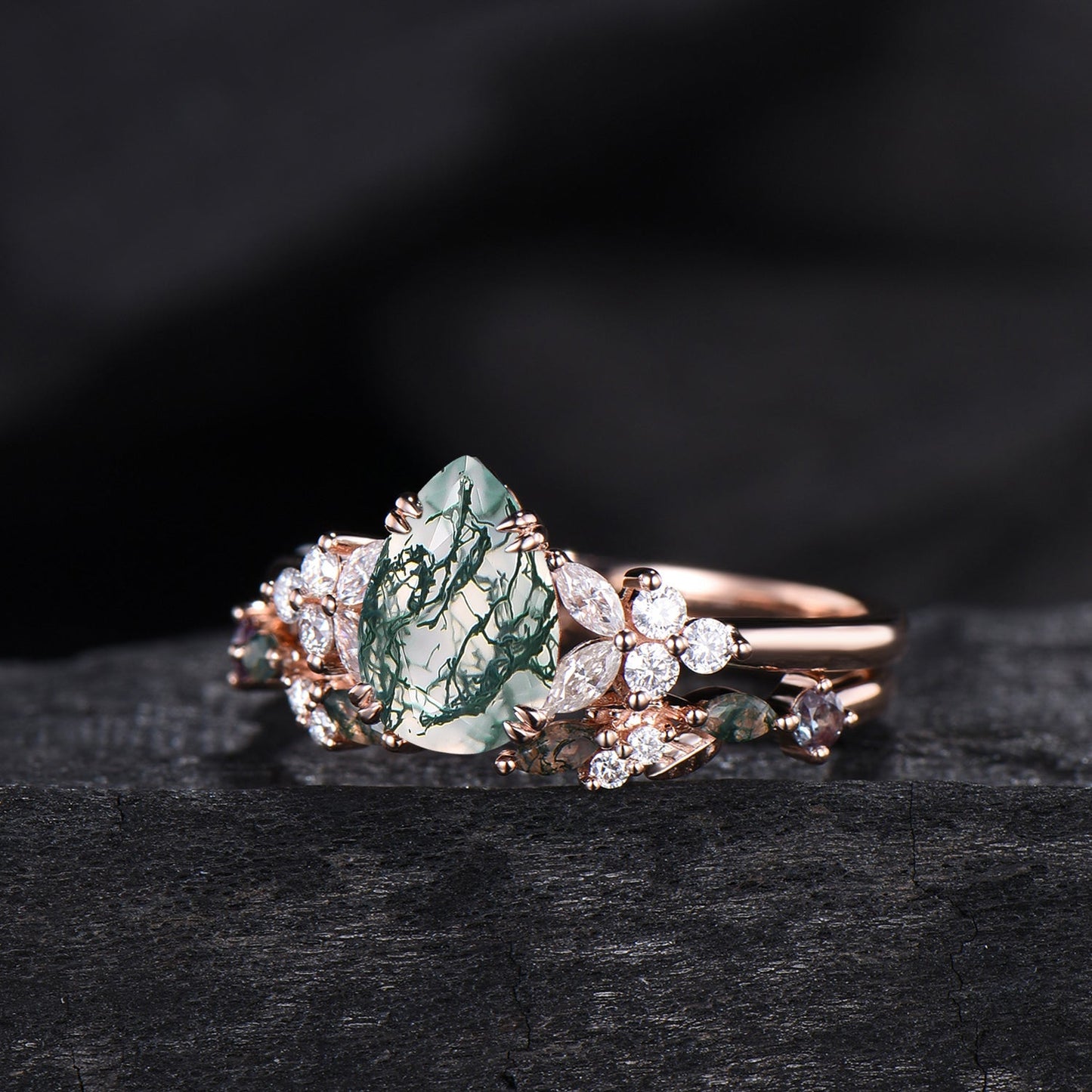 vintage pear shaped moss agate engagement ring floral 6x9mm green agate moissanite wedding set art deco leaf vine alexandrite stacking band