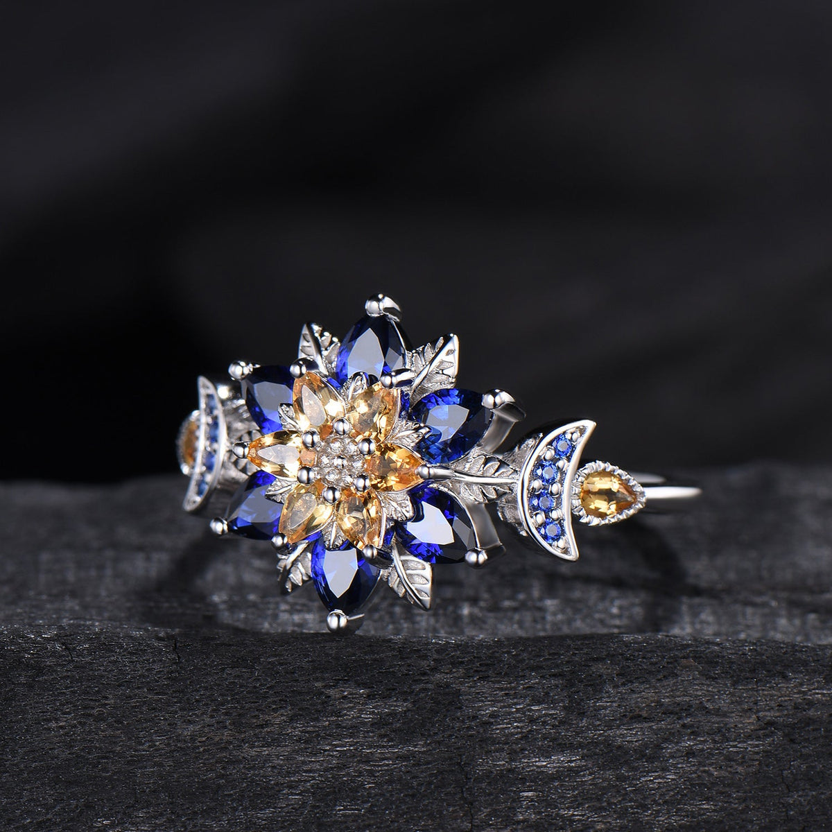 Celestial Sun and Moon Engagement Ring | Sapphire & Citrine Floral Mandala