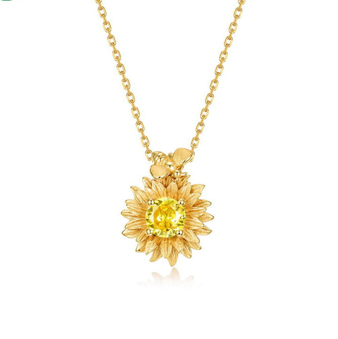 Yellow Gold Plated Sunflower & Bee Pendant Necklace with 5mm Natural Citrine