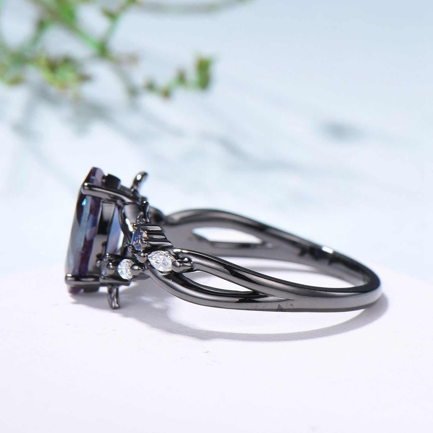 Marquise Cut Alexandrite Engagement Ring Gothic Black Gold Moonstone Cluster Leaves Ring