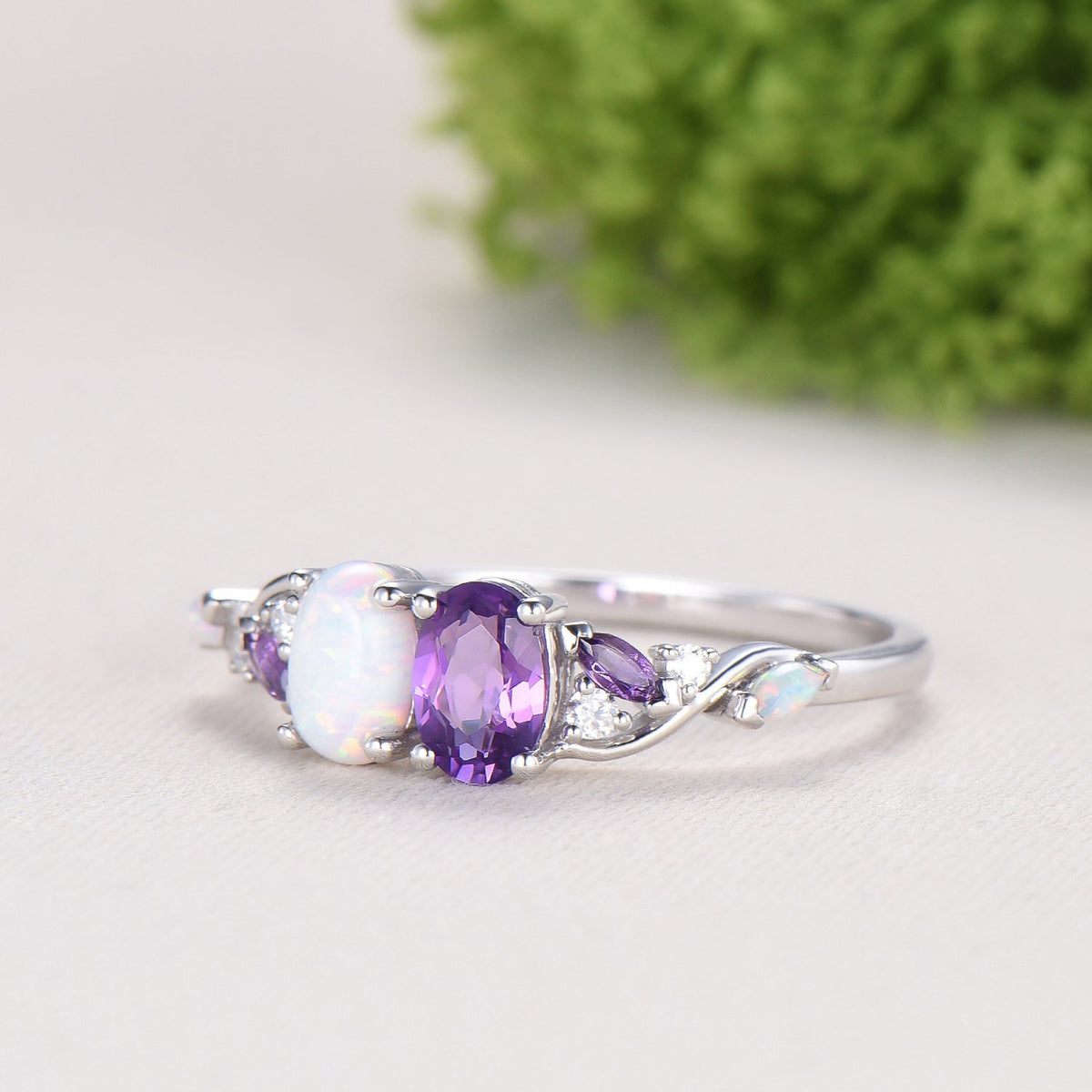 Toi et Moi Opal and Amethyst Engagement Ring | Two Stone Vine Band