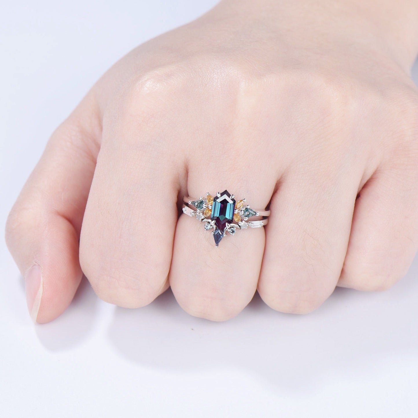Vintage Elongated Hexagon Alexandrite Bridal Set with Citrine Moss Agate Cluster