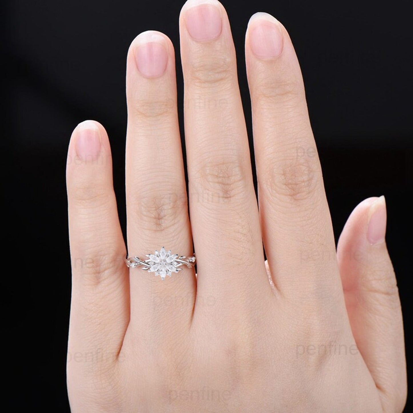 Elegant Snowflake Marquise Moissanite Diamond Ring with Twisted Branch Band