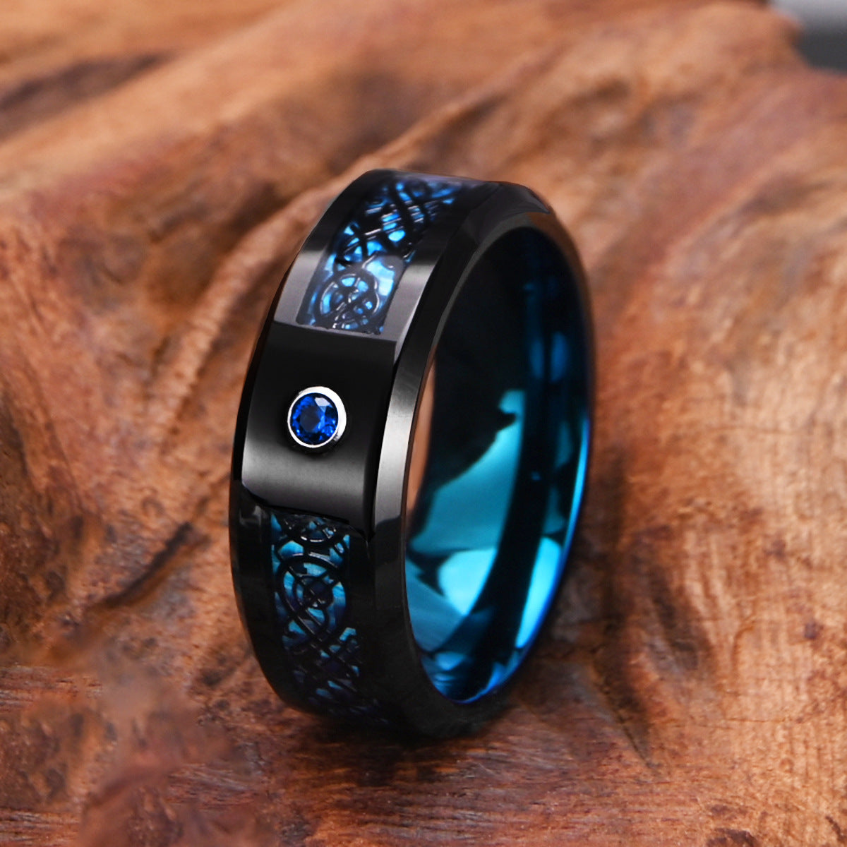 8mm tungsten men's wedding band Tungsten steel two-tone ring with blue fiber black dragon slice and blue zircon