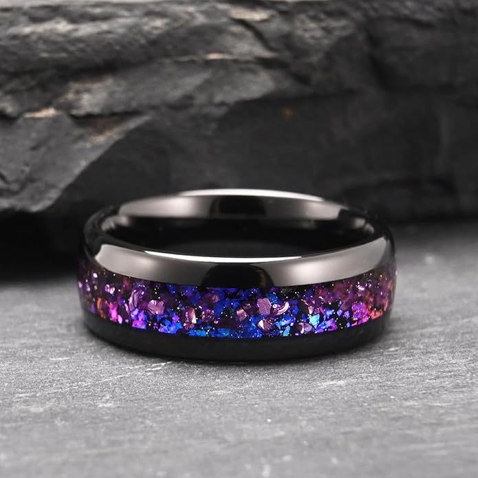 8mm Black Tungsten Wedding Band | Purple Crystal Blue Nebula Design