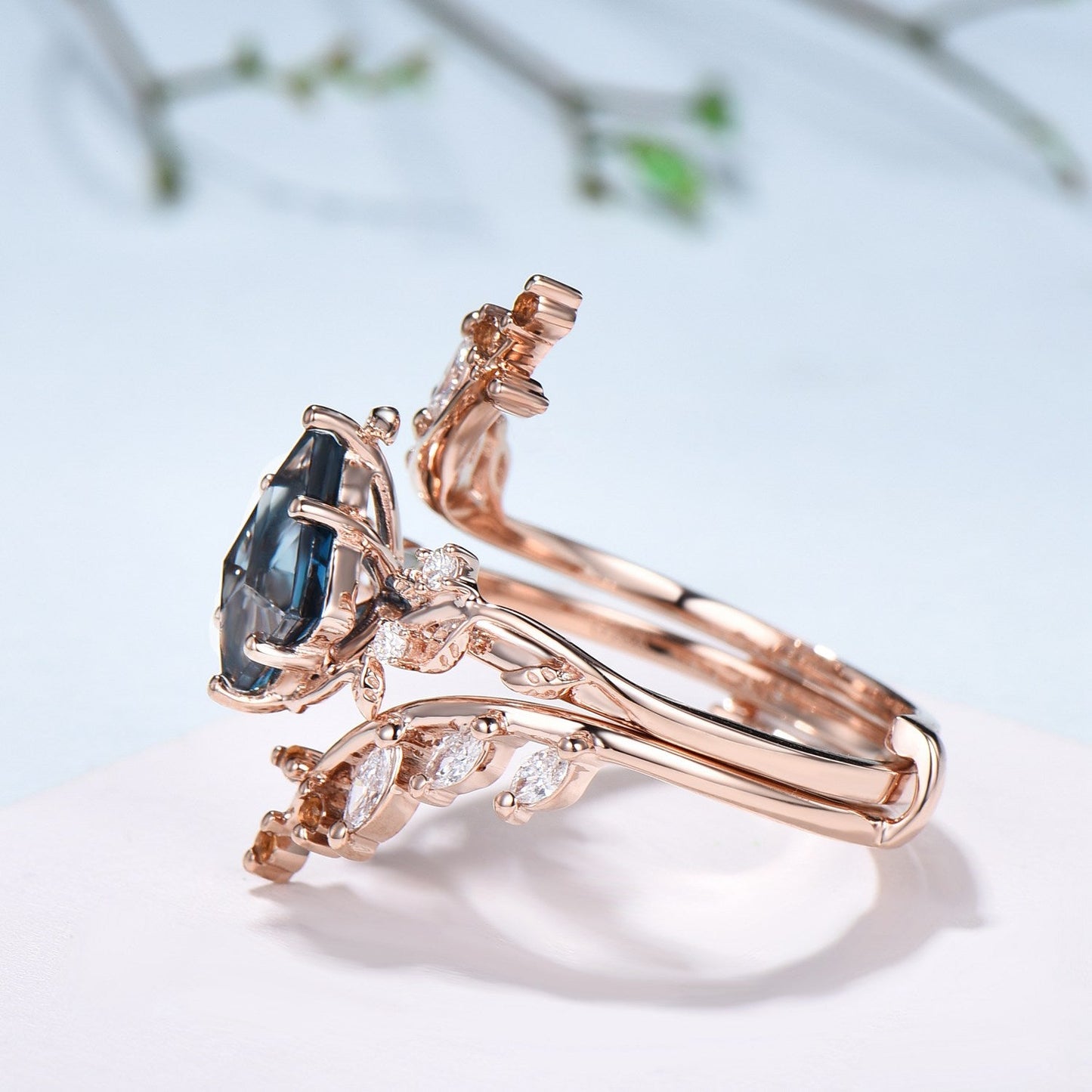 Unique gothic kite cut London blue topaz engagement ring set cluster diamond engagement ring leaf vine nature inspired citrine wedding set
