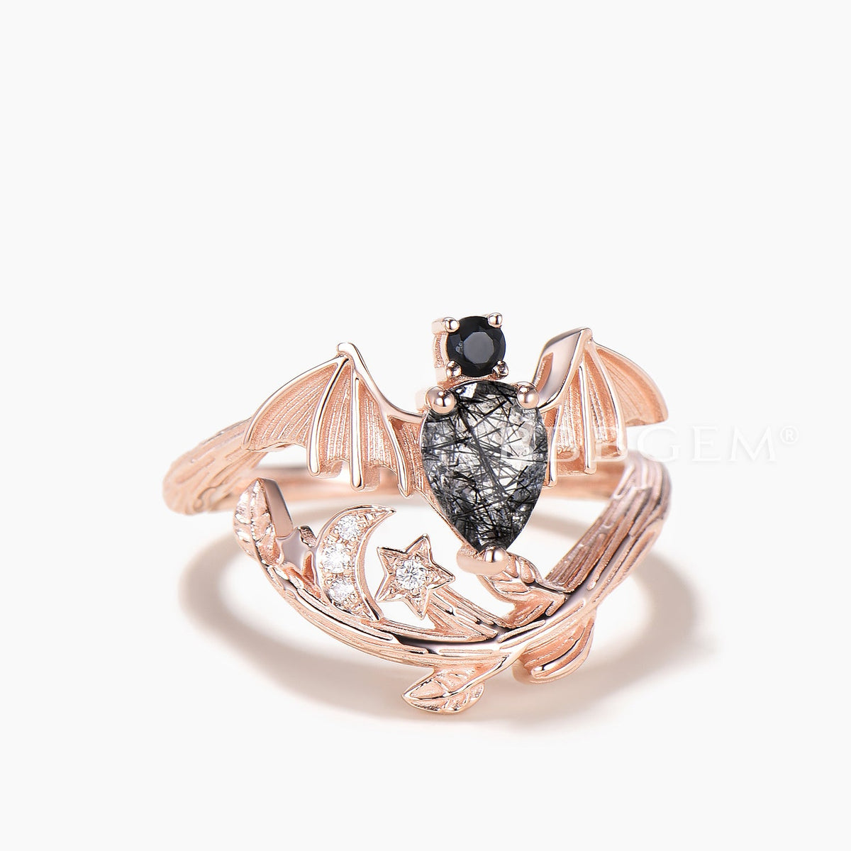 Pear Cut Black Rutilated Quartz Bat Engagement Ring Diamond Leaf Accent Moon Ring