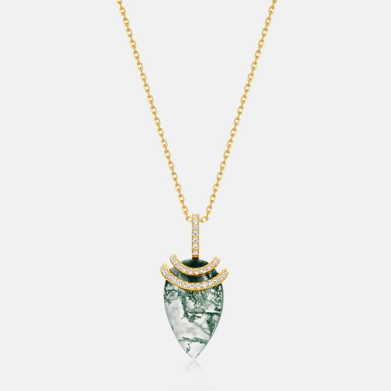 Forest Spirit Moss Agate Teardrop Necklace with Sparkling Pavé Crescent Accents