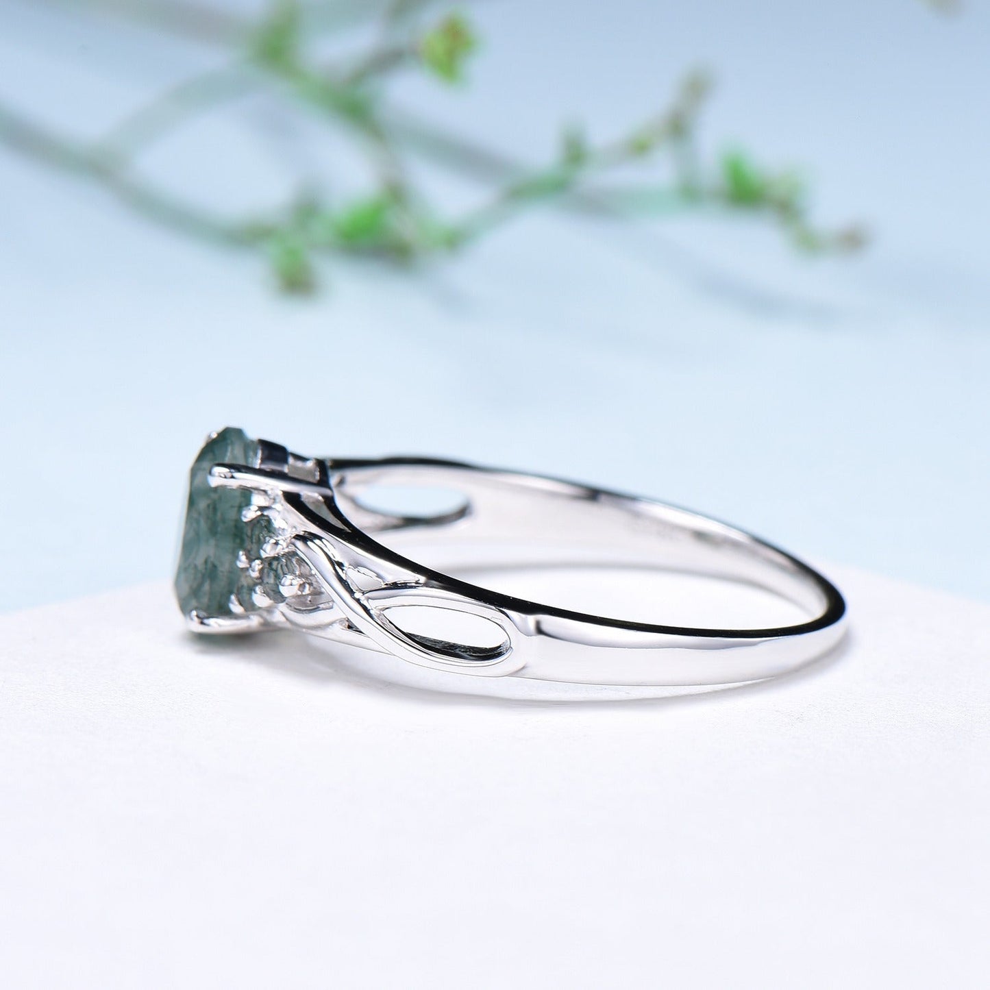 Celtic Knot Oval Natural Moss Agate Engagement Ring Solid 14K/18K White Gold Unique Infinity Ring Cluster Wedding Ring Anniversary gifts