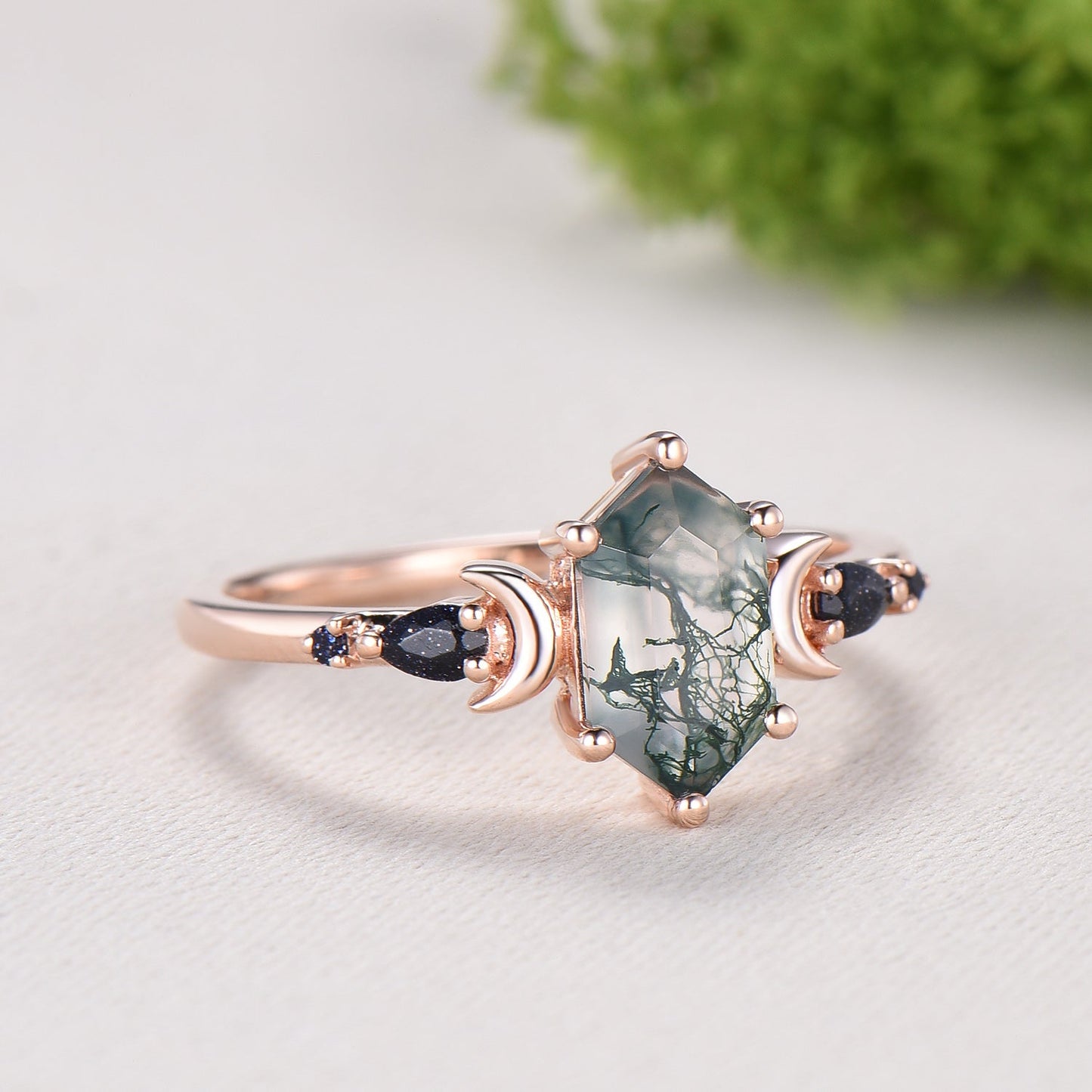 Long Hexagon Moss Agate Engagement Ring, Crescent Moon Blue Sandstone Band, Celestial Jewelry, Unique 14K Rose Gold Wedding Ring Set