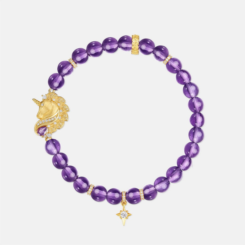 Handcrafted Brushed Gold Unicorn Bracelet Plated Amethyst Beaded Jewelry