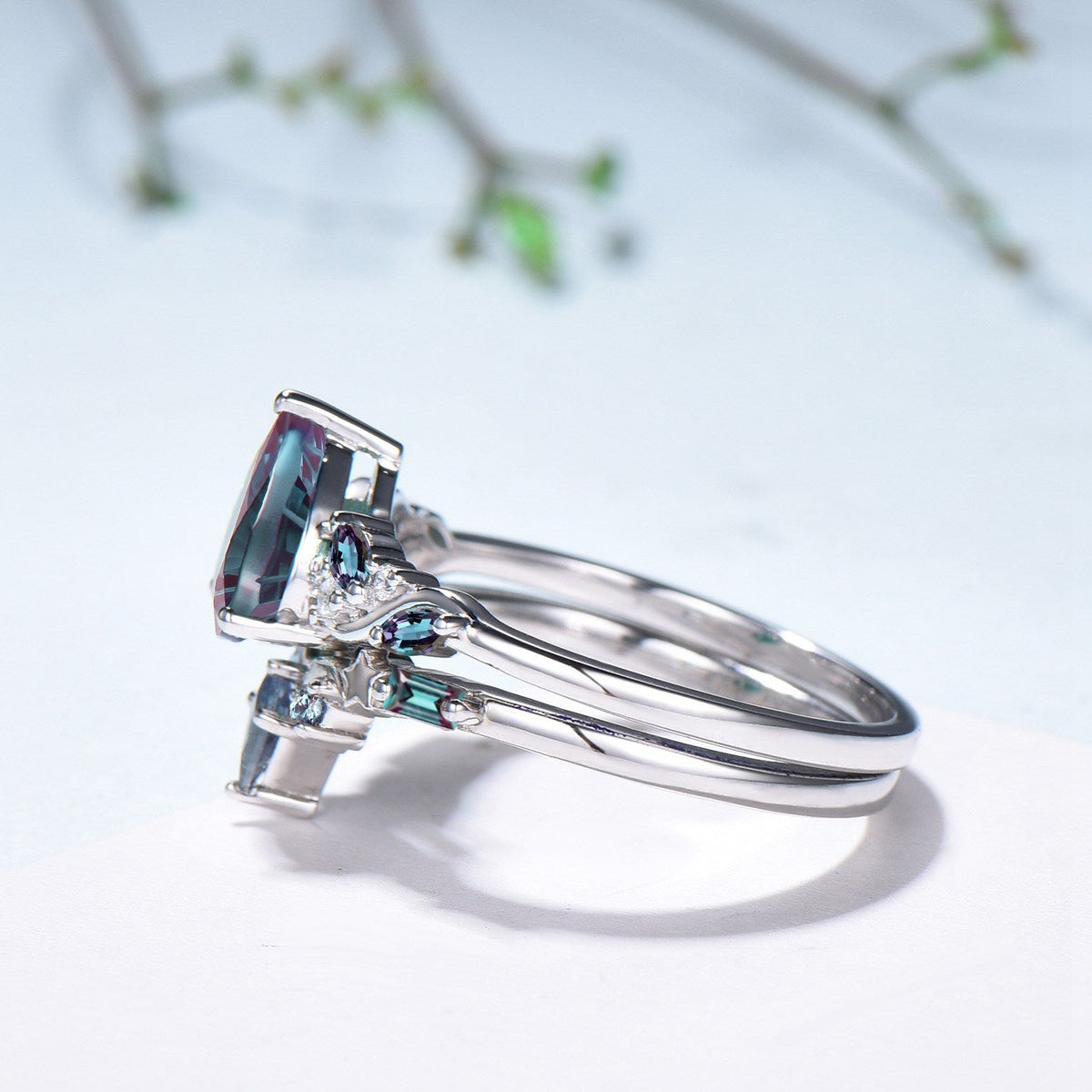 Nebula Teardrop Fireworks Cut Alexandrite Crown Engagement Ring Set: Moon Star Stacking Band