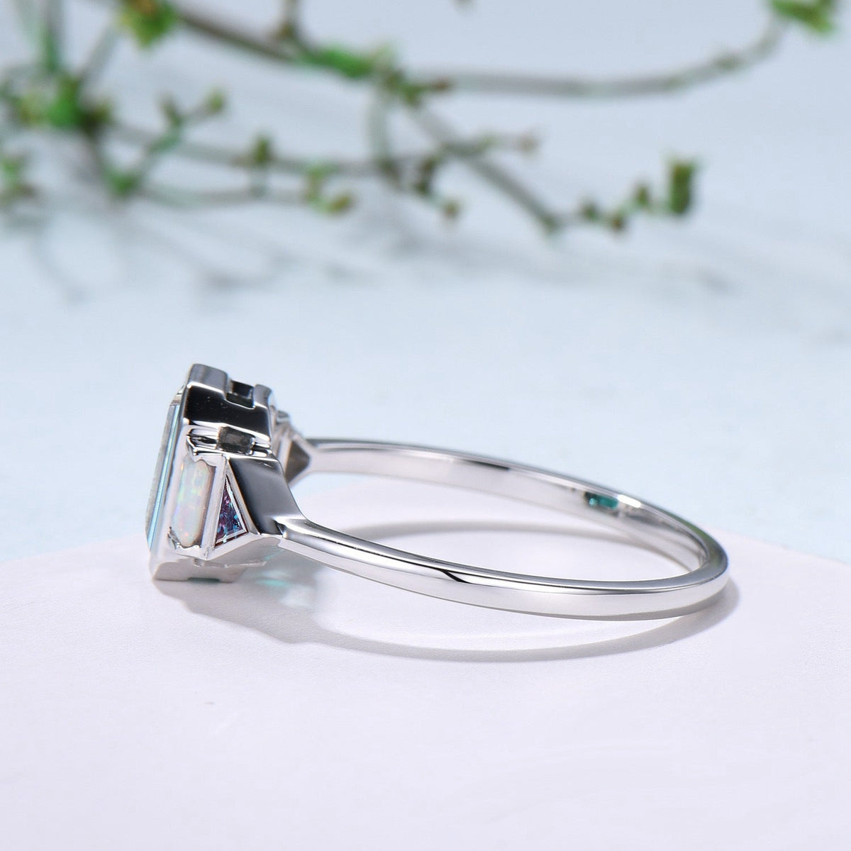 Bezel Set Emerald Cut Aquamarine Engagement Ring Five Stone Baguette Opal & Trillian Alexandrite Wedding Band