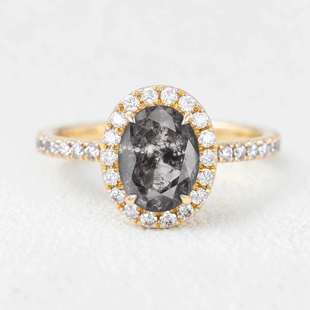Isadora’s Essence | 1CT Oval Salt & Pepper Diamond Halo Pavé Engagement Ring